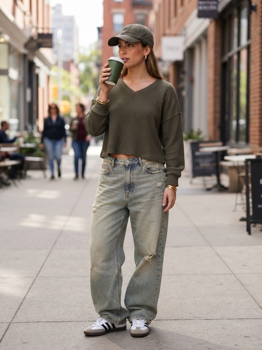 Dazy Olive Green Casual Waffle Knit Cropped V-Neck Long Sleeve Top Size M